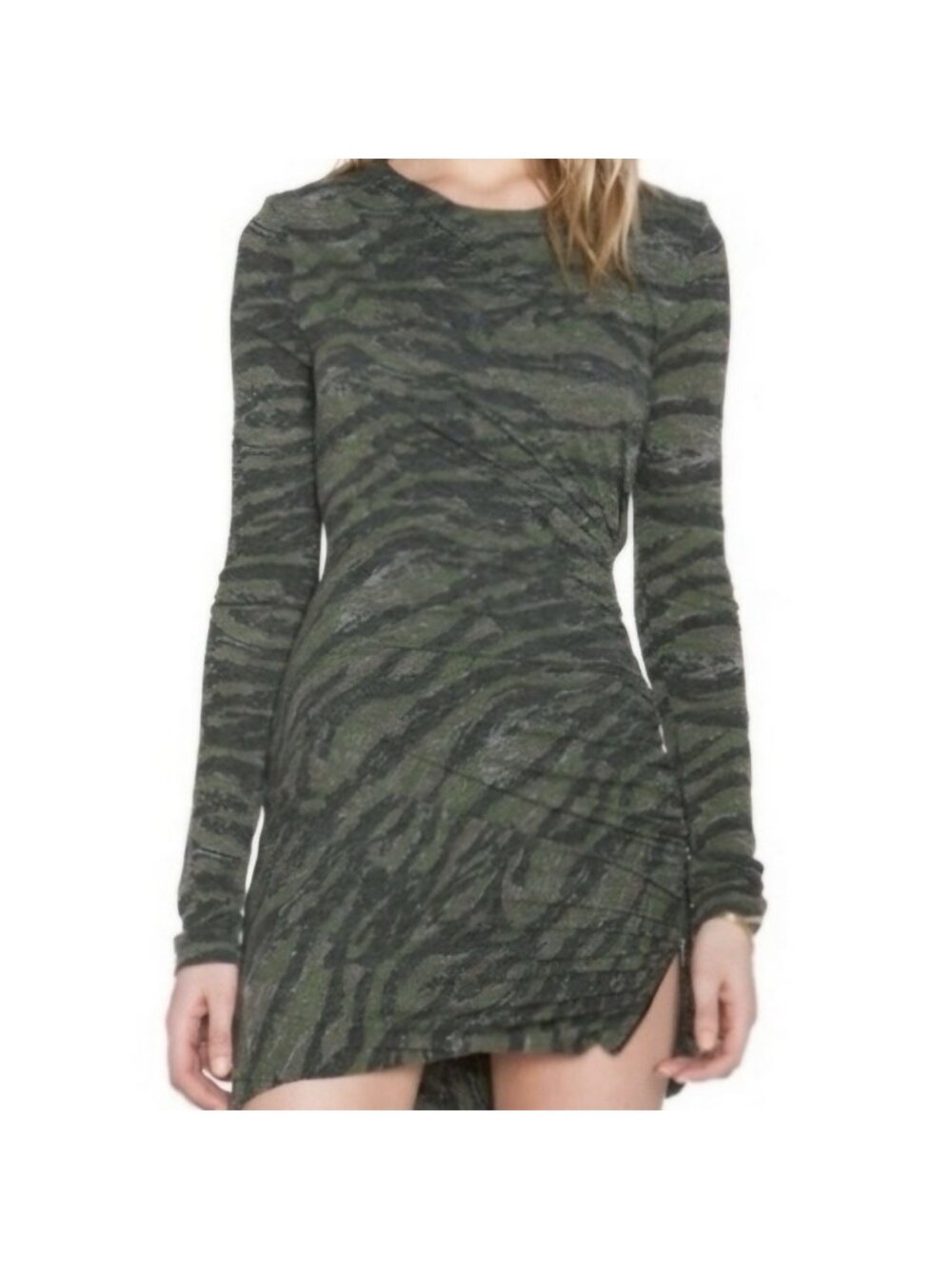 Pam & Gela NWT Twist Zip Camo Mini Dress S Knit Bodycon Side Long Sleeve Ruched